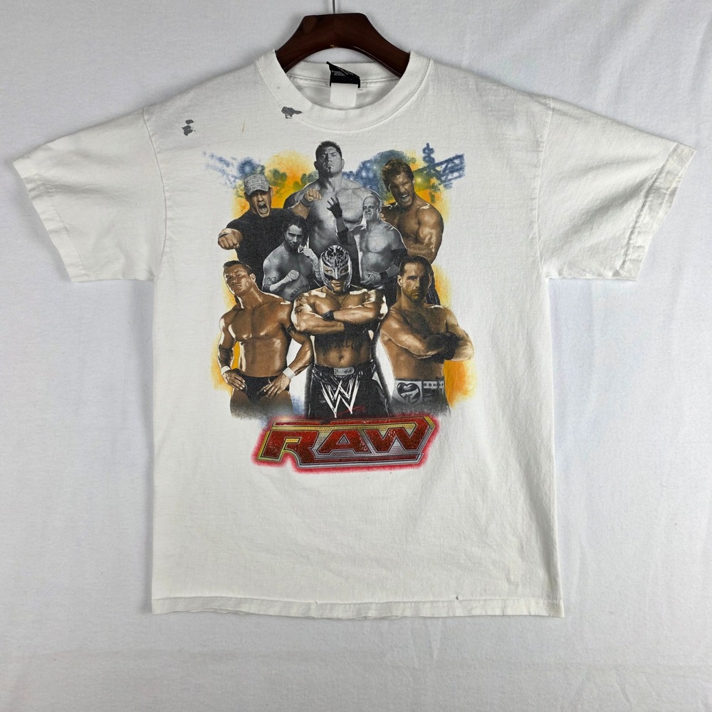 WWE RAW Wrestling Graphic T-Shirt Mens M White John Cena Rey Mysterio Hybrid
